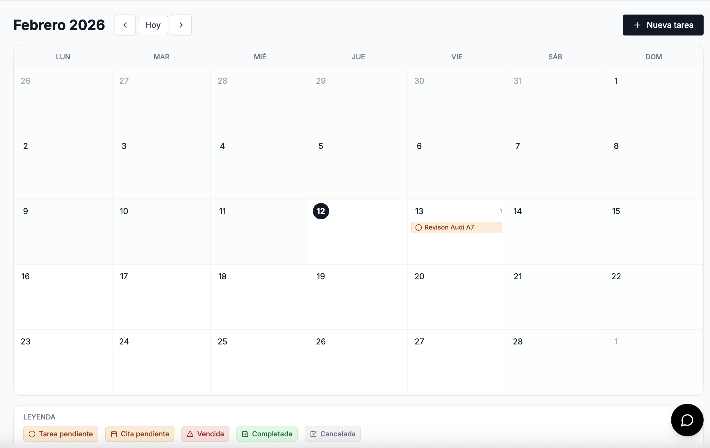 Calendario del CRM de Arbicars